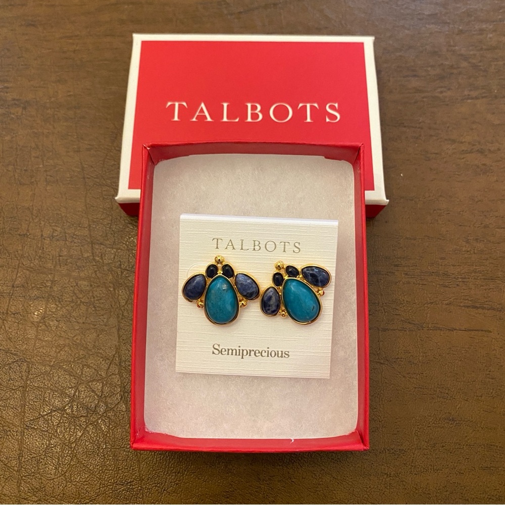 Talbots Turquoise Dark Teal Semiprecious Stone & Gold Tone Earrings New in Box